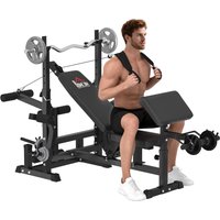 HOMCOM Multi-Exercise Full-Body Weight Rack with Bench Press, Leg Extension, Chest Fly Resistance Band & Preacher Curl