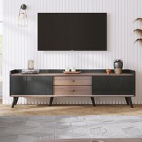 Modern TV Cabinet with 2 Centre Drawers and Striped Sliding Doors, Storage Stand with Raised Top Edge, 160L x 40W x 58H cm, Black+Wood Aosom UK