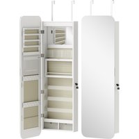 HOMCOM Schmuckspiegel mit LED-Licht, an Wand oder Tür montierbarer Schmuckschrank, Schmuckschrank mit Schloss, Ganzkörperspiegel, 2 Schubladen, Weiß Aosom