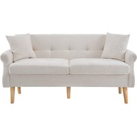 Canapé 2 places moderne en tissu chenille avec coussins épais, pieds robustes en bois massif, 162x74x77 cm, Beige