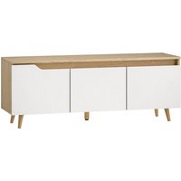 HOMCOM TV-Möbel 120 cm, TV-Möbel passend für Fernseher bis 140 cm mit 3 Türen, verstellbarem Regal, 4 Kabeldurchführungen und 5 Kiefernholzbeinen, TV-Bank für Wohnzimmer, Schlafzimmer, Eiche und Weiß Aosom