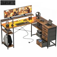 HOMCOM Bureau Gaming en L Bureau avec prise électrique Éclairage LED 4 tiroirs Support d'écran 155x110x91,4 cm Brun