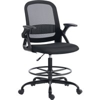 HOMCOM Ergonomischer Bürostuhl, Mesh-Bürostuhl mit klappbaren Armlehnen, höhenverstellbar, Fußstütze, Rollen, für Arbeit oder Studium, Grau Aosom