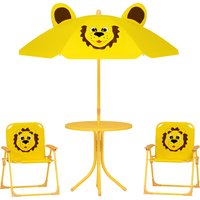 AIYAPLAY AIYAPLAY 4 tlg. Kindersitzgruppe Garten Kindersitzgarnitur mit höhenverstellbarem Sonnenschirm, Gartentisch, 2 Klappstühle, Löwen-Design für 2-5 Jahre Kinder, Gelb Aosom
