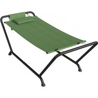 Outsunny Hamac d'extérieur avec support, Hamac autoportant avec poche latérale, appui-tête et structure en métal, capacité 150 kg pour jardin, balcon, véranda, 237 x 90 x 92 cm, Vert foncé