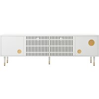 Meuble TV avec façade grillagée et accents dorés, 4 portes, 170x36x54 cm, Blanc