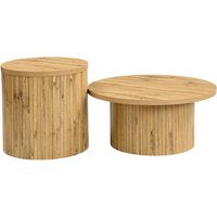2-teiliges rundes Couchtisch-Set, mit vertikalen Naturholzlattenfronten und abgerundeten Ecken, 75x75x36 cm/50x50x50,5 cm, Naturfarbe
