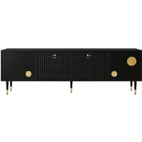 Meuble TV avec façade grillagée et accents dorés, 4 portes, 170x36x54 cm, Noir