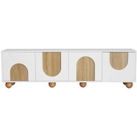 Meuble TV à 4 portes, design minimaliste avec effet bois et finition blance, 175x38x50 cm, Couleur naturelle+Blanc