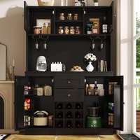 Tall Kitchen Cabinet with 4 Doors & 2 Smooth-Glide Drawers and Adjustable Shelves, Sideboard with Wine Racks, 120L x 40W x 188H cm, Black Aosom UK