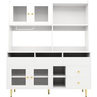 Armoire aute pour salle à manger, avec portes en verre ajouré, décor doré et grand espace de rangement multi-niveaux, 145x39x171 cm, Blanc