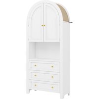 Armoire de rangement aute à arc avec 3 tiroirs, portes et nice d'exposition ouverte, pour cuisine et salon, 70x35x180 cm, Blanc
