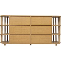 Commode/Buffet, 6 tiroirs & étagères ouvertes, style romain avec colonnes & étagères en bambou, 160x40x75 cm, Couleur naturelle