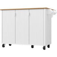 Îlot de cuisine mobile avec plan de travail rabattable, 3 portes, porte-serviettes et étagère à épices, 130x45/75x92 cm, Blanc