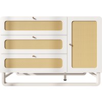 Commode style campêtre avec rotin et poignées dorées, 3 tiroirs et 1 porte, 120x40x85 cm, Blanc