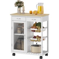 HOMCOM Desserte de cuisine à roulettes, îlot central cuisine avec plateau en bambou, porte vitrée, 67 x 35 x 80 cm, blanc