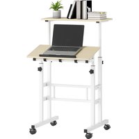 HOMCOM Bureau assis debout bureau réglable en hauteur 60 x 60 cm à roulettes avec plateau inclinable cadre en métal naturel