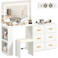 HOMCOM Coiffeuse avec miroir et tabouret, table de maquillage avec éclairage LED réglable, 6 tiroirs, 118 x 78 x 135 cm, blanc