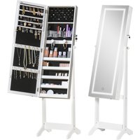 HOMCOM Armoire à bijoux avec miroir à pied multi-rangement inclinaison réglable porte verrouillable éclairage LED dim. 46l x 36,5P x 151,5H cm blanc
