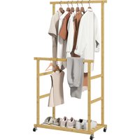HOMCOM Portant à vêtements à roulettes, porte-manteau double barre en bambou avec étagère inférieure, 80x40x160cm, bois naturel