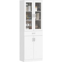 HOMCOM Buffet haut cuisine, armoire de cuisine, 4 portes dont 2 en verre, tiroirs, étagères réglables, 60x35x180cm, blanc