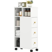 HOMCOM Meuble de salle de bain à roulettes, meuble de rangement étroit, 3 tiroirs, 5 compartiments ouverts, 20x40x80cm, blanc