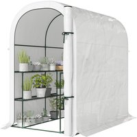 Outsunny Serre de jardin avec étagères, 123x187x189cm, petite serre avec porte enroulable, bâche PE haute densité 140 g/m², blanc