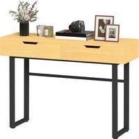 HOMCOM Console meuble 120 cm, table console étroite avec 2 tiroirs, cadre en métal et design sans poignées, bois naturel