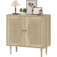 HOMCOM Buffet de cuisine meuble de rangement double portes avec 2 niveaux, façade en cannage 80 x 38 x 79 cm effet bois naturel