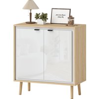 HOMCOM Buffet à haute brillance, meuble de rangement avec double porte, étagère réglable, 72 x 35 x 77 cm, blanc et chêne