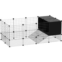 PawHut Enclos pour petits animaux, cage à lapin modulable 31 panneaux avec niches surélevées, en acier, 140x70x52cm, noir