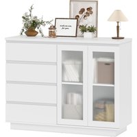 HOMCOM Buffet salon, meuble de rangement avec 4 tiroirs et 2 portes en verre trempé, étagère réglable, 120 x 40 x 91 cm, blanc