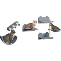 PawHut Parcours Mural Complet pour Chats 4 Pièces avec Griffoir, Hamac et Plateformes en Sisal et Peluche Grise Aosom France