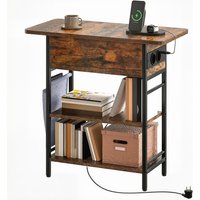 HOMCOM Table d'appoint bout de canapé avec station de charge et sac de rangement, 60 x 29,8 x 58,5 cm, brun rustique