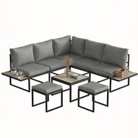 Outsunny Salon de jardin extérieur 6 personnes modulable table basse et plateaux latéraux en bois PSPC coussins épais 10cm gris