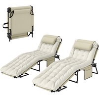 Outsunny Lot de 2 transats bains de soleil pliable avec dossier inclinable 4 positions - appui-tête et matelas épais beige