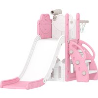 AIYAPLAY 5 in 1 Kids Slide Set with Basketball Hoop, Climbing Frame, Telescope, Storage Box for Toddlers Ages 1-3, Pink