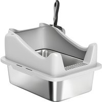 PawHut Bac à litière en acier inoxydable, maison de toilette pour chat, bords hauts, nettoyage facile, 43,1x33,2x25,4cm, gris