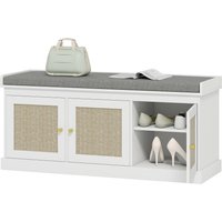 HOMCOM Banc chaussures entrée 9 paires, banc de rangement, 3 portes en rotin, coussin et étagère réglable, 105x35x47cm, blanc