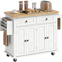 HOMCOM Dessert ilôt de cuisine multi rangements 2 tiroirs 2 placard 2 portes avec étagère range-bouteille porte-torchons MDF blanc hévéa