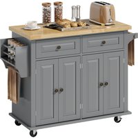 HOMCOM Dessert ilôt de cuisine multi rangements 2 tiroirs 2 placard 2 portes avec étagère range-bouteille porte-torchons MDF gris hévéa