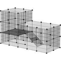 PawHut Enclos pour petits animaux, cage à lapin modulable 2 niveaux, 39 panneaux avec rampe, en acier, 140 x 70 x 105 cm, noir