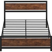 HOMCOM Cadre de lit double 200 x 160 cm en acier avec sommier et tête de lit compatible matelas aspect bois foncé