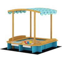 AIYAPLAY Bac à sable en bois avec toit 3 bancs 2 coffres en PP doublure pour enfants de 3-6 ans 128x118x121 cm Bleu