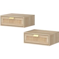 HOMCOM Lot de 2 tables de chevet murales, tables de nuit suspendues avec tiroir en effet rotin, 40 x 30 x 15 cm, chêne