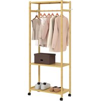 HOMCOM Portant à vêtements à roulettes, porte-manteau en bambou avec 2 étagères et tringle suspendue, 70x35x175cm, bois naturel