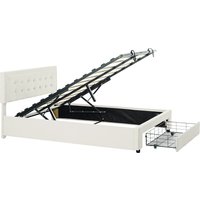 HOMCOM Cadre de lit double sommier coffre à vérins, tiroir à roulettes, tête de lit réglable capitonnée effet velours, crème