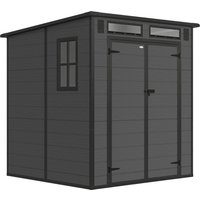 Outsunny 6 x 6 ft Plastic Garden Shed, Wood-Effect Outdoor Storage Shed with Floor, Windows, Lockable Doors and Vents, Dark Grey