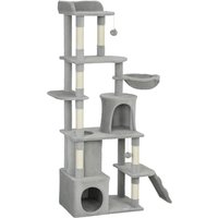 PawHut Arbre à chat tour de jeux 7 poteaux à griffer 3 platesformes 2 niches tunnel hamac et 2 pompons 170 cm gris foncé