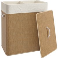 HOMCOM Double Laundry Basket with Lid, 100L Bamboo Laundry Hamper with Rope Handles, Washing Basket with Removable Liner for Bathroom, Bedroom, Brown